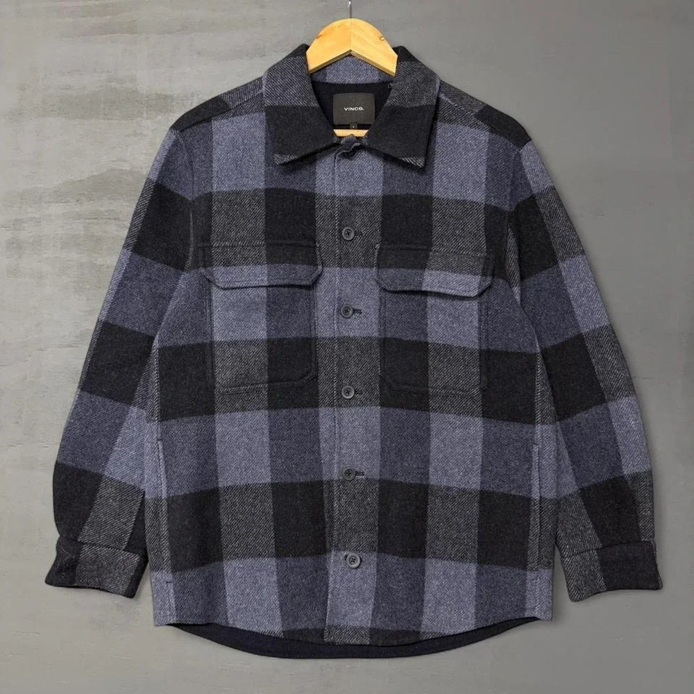 Vince Splittable Shirt Jacket Navy Grey Buffalo Plaid Wool Blend Italian Small